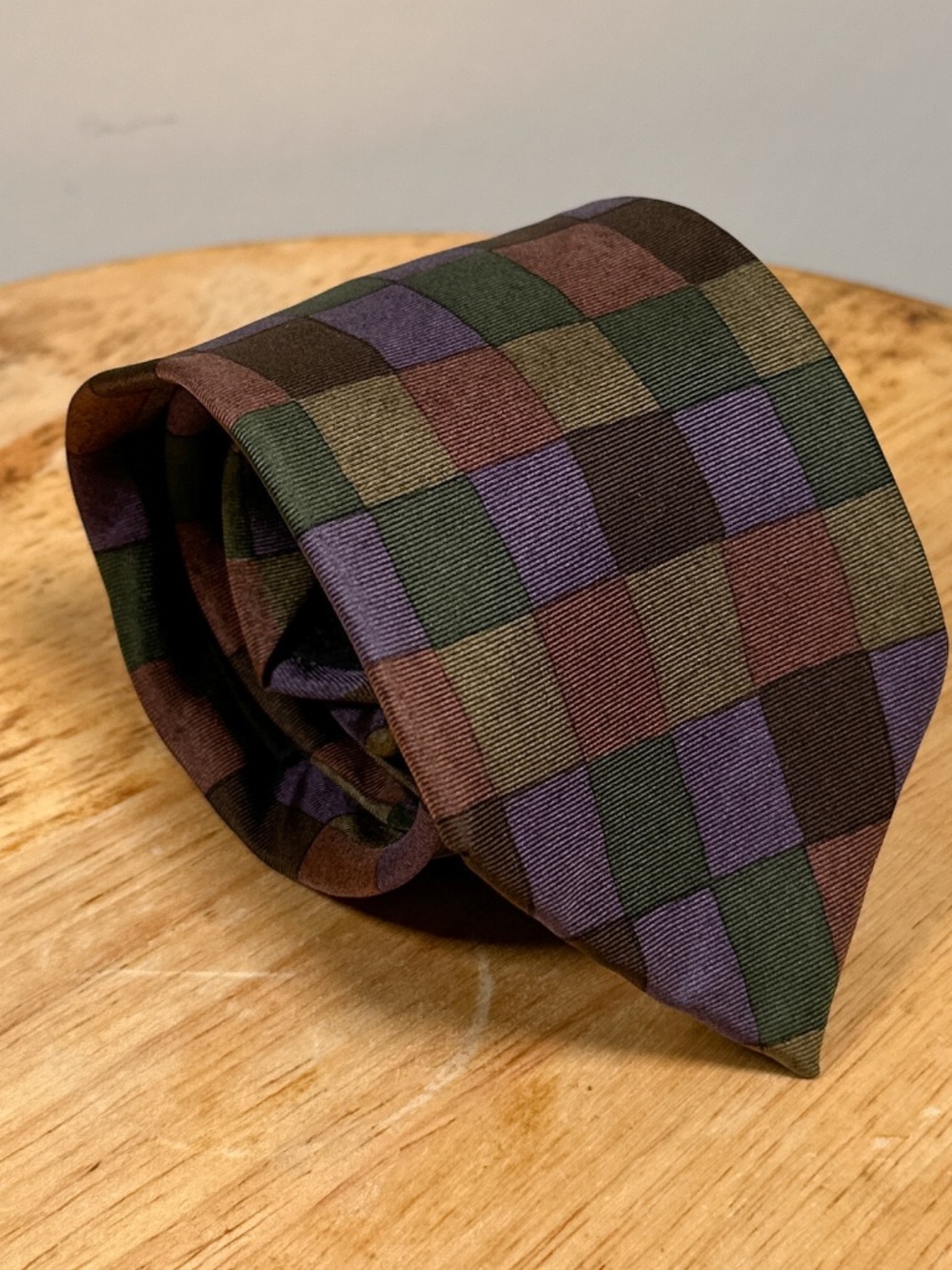 Vintage 80s FENDI Silk Italy Made Purple Brown Green Checker 3.25in Tie